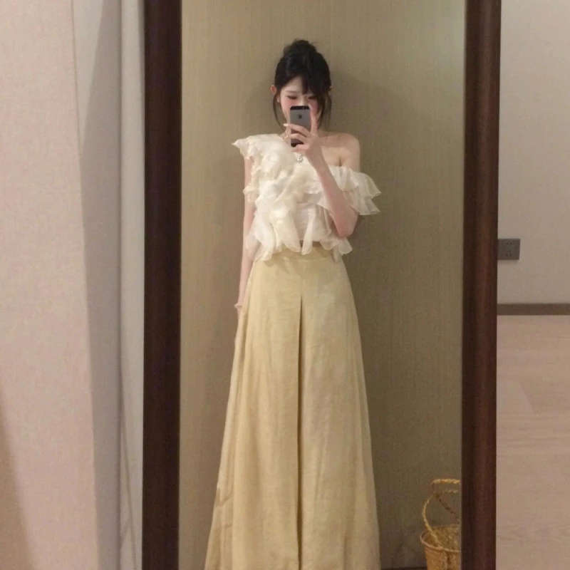 B681+B682夏季穿搭女荷叶边斜肩雪纺衫上衣搭配阔腿裤时尚两件套