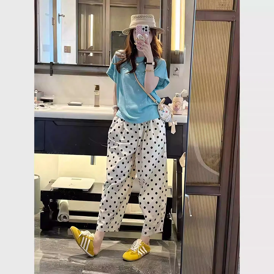 夏装搭配2025新款气质时尚高级感蓝色短袖波点休闲阔腿裤两件套装
