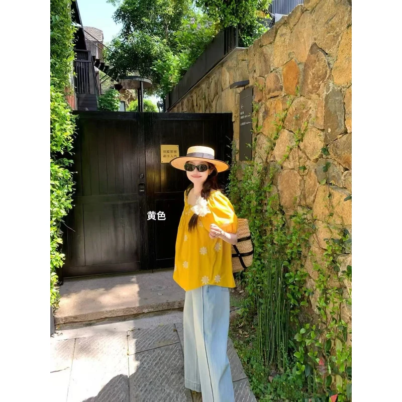 【NO退NO换】韩系复古一字肩别致刺绣花衬衣2606  衣长50