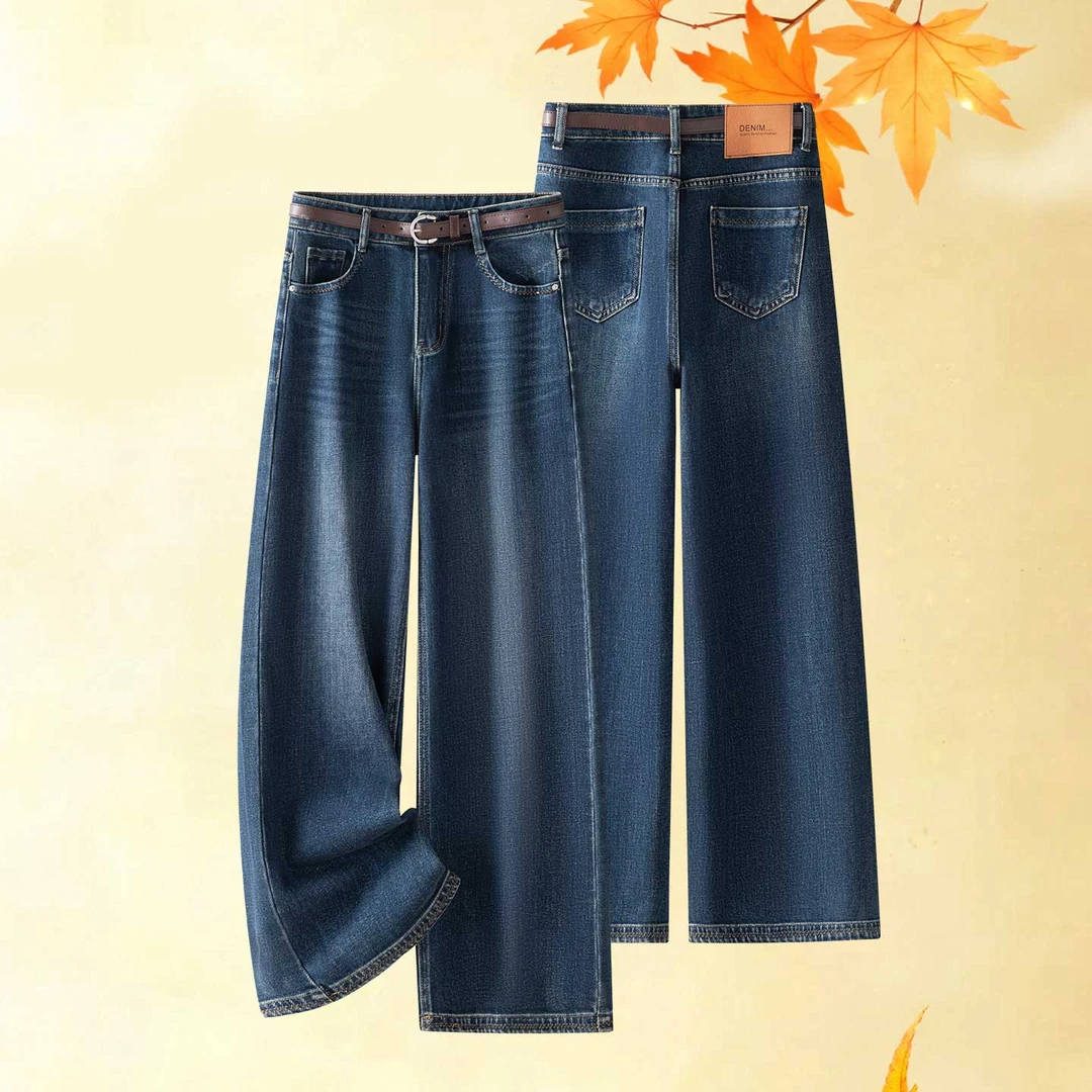 哥弟阿玛施正品新款时尚复古深蓝阔腿牛仔裤女高腰显瘦修饰腿型女