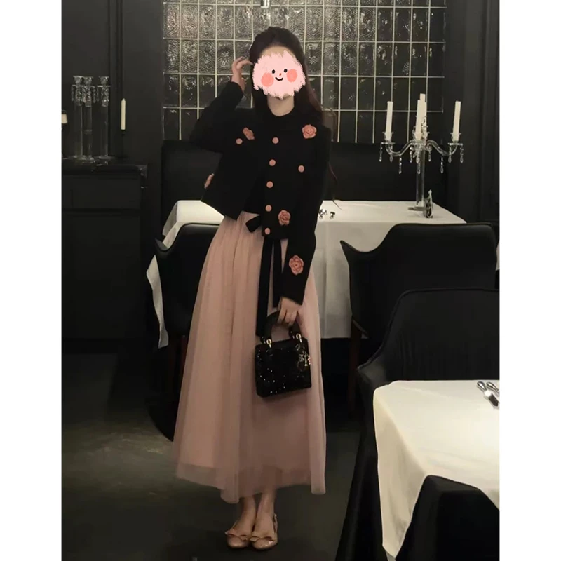 【桃乐丝】法式气质立体花短外套+收腰撞色连衣裙秋冬时尚套装女