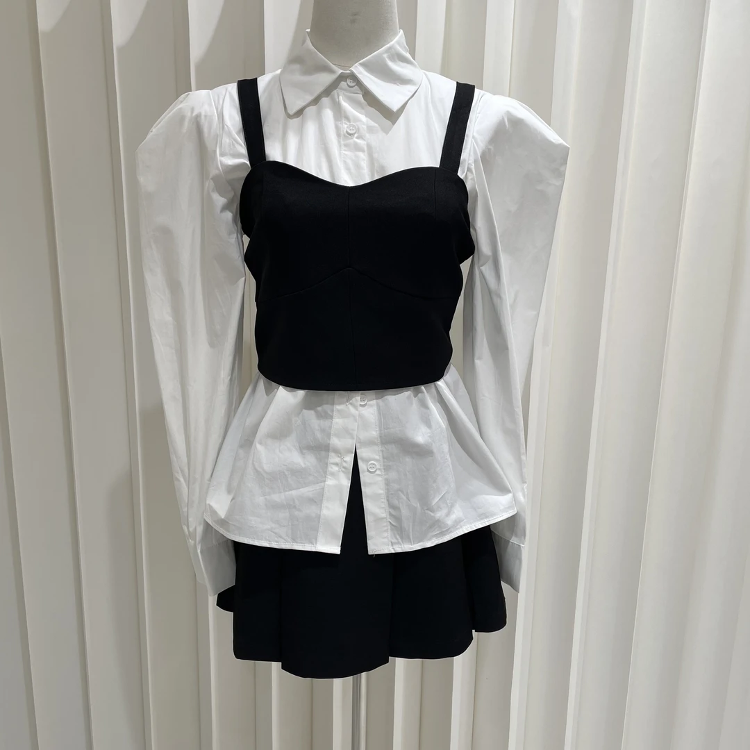 2210泡泡袖衬衣+8883吊带短裙套装