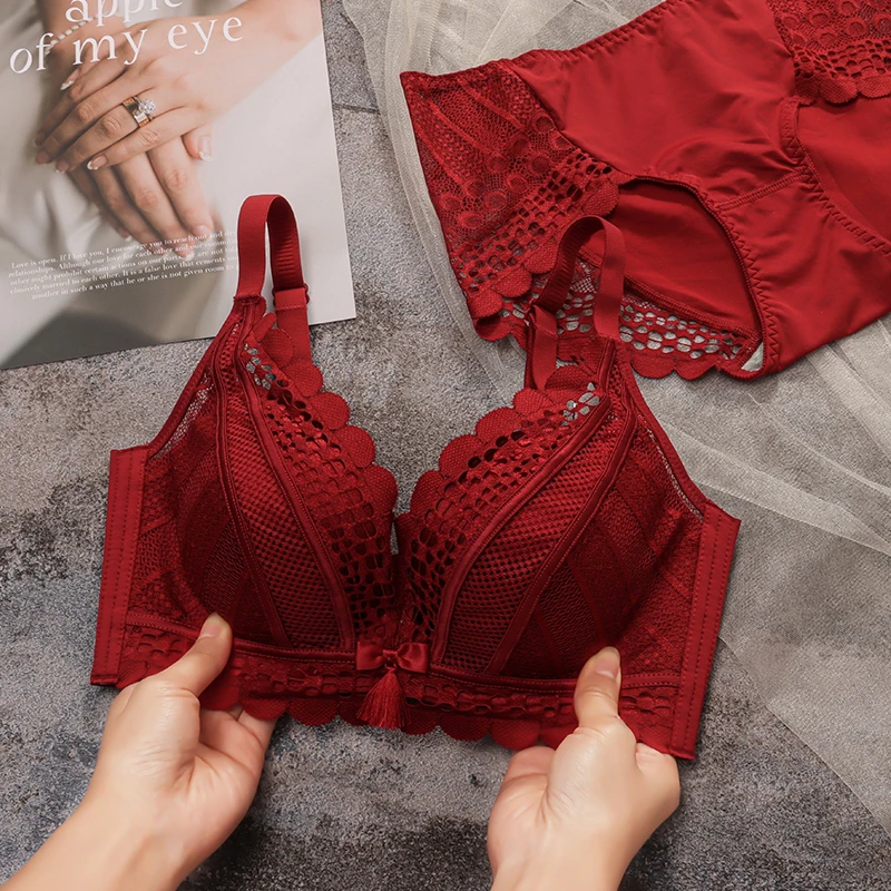 本命年纯色文胸套装小胸聚拢红色转运内衣马年女士无钢圈性感胸罩
