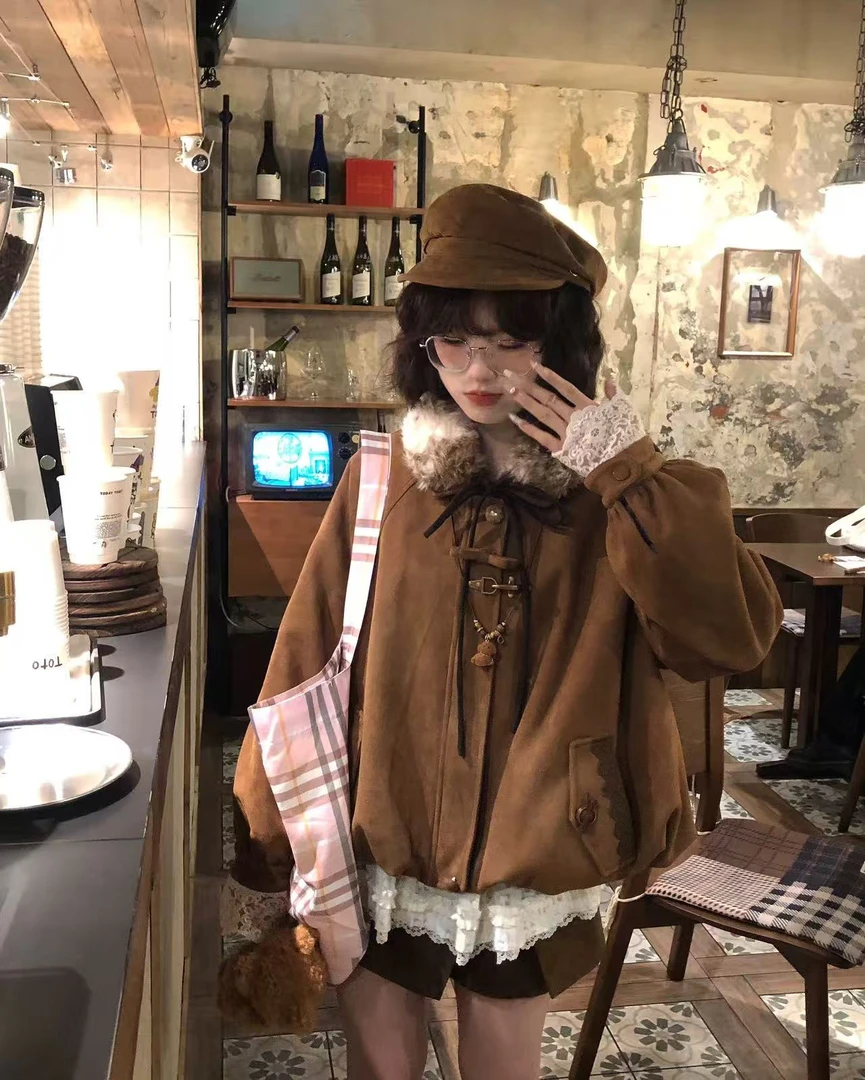 秋冬韩版复古通勤风显瘦套装蕾丝边内搭拼接毛领棉两件套485163