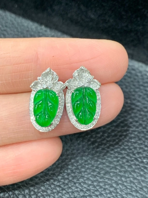 18K金镶嵌A货翡翠满绿满钻树叶耳钉小清新气质金枝玉叶