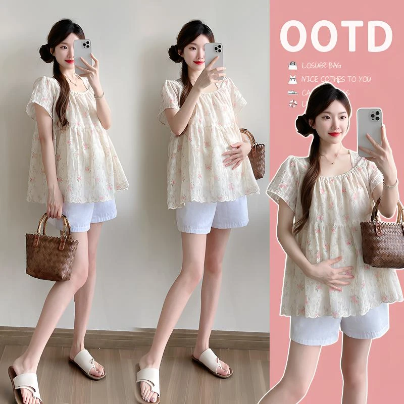孕妇装女夏季新款小清新甜美方领刺绣碎花宽松减龄薄款娃娃衫上衣