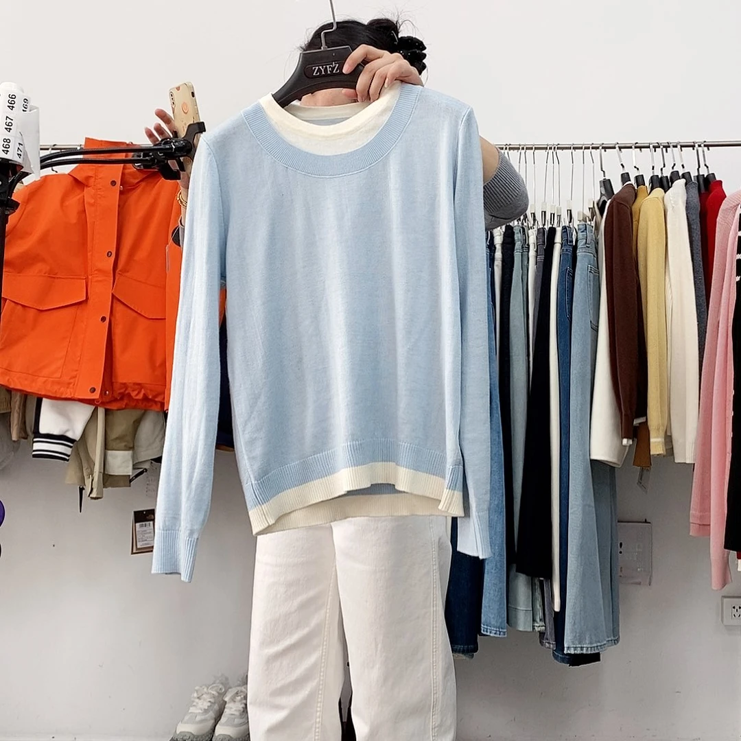 蓝色假两件针织衫