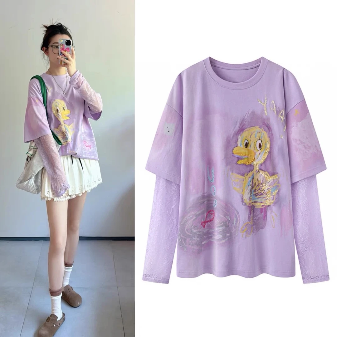 1978原单商场同款手绘小鸭蕾丝长袖宽松休闲假两件T恤