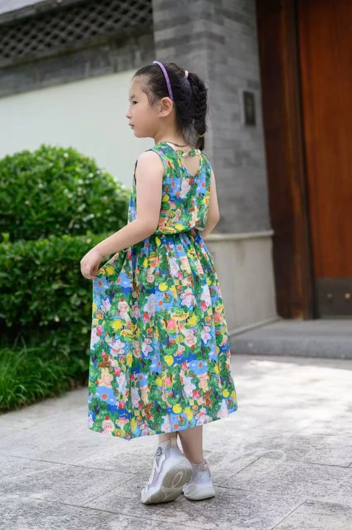 夏季女童韩版套头夏装时尚无袖碎花长裙棉绸连衣裙复古圆领