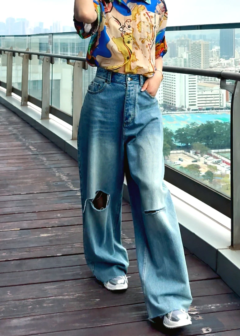 BARRIAILEN | 进口水洗面料破洞直筒牛仔裤-241617