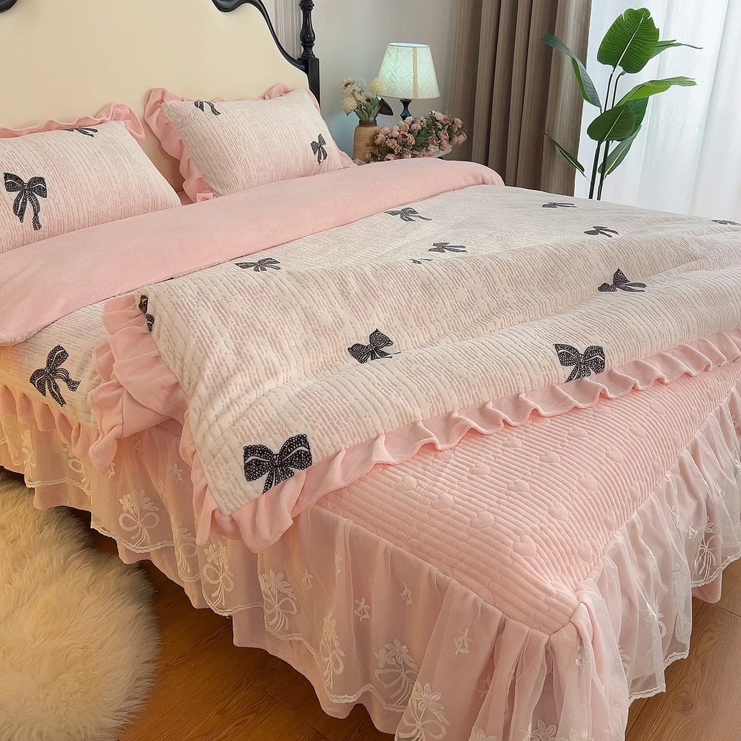 【彩虹自制】高克重雕花牛奶绒床裙四件套