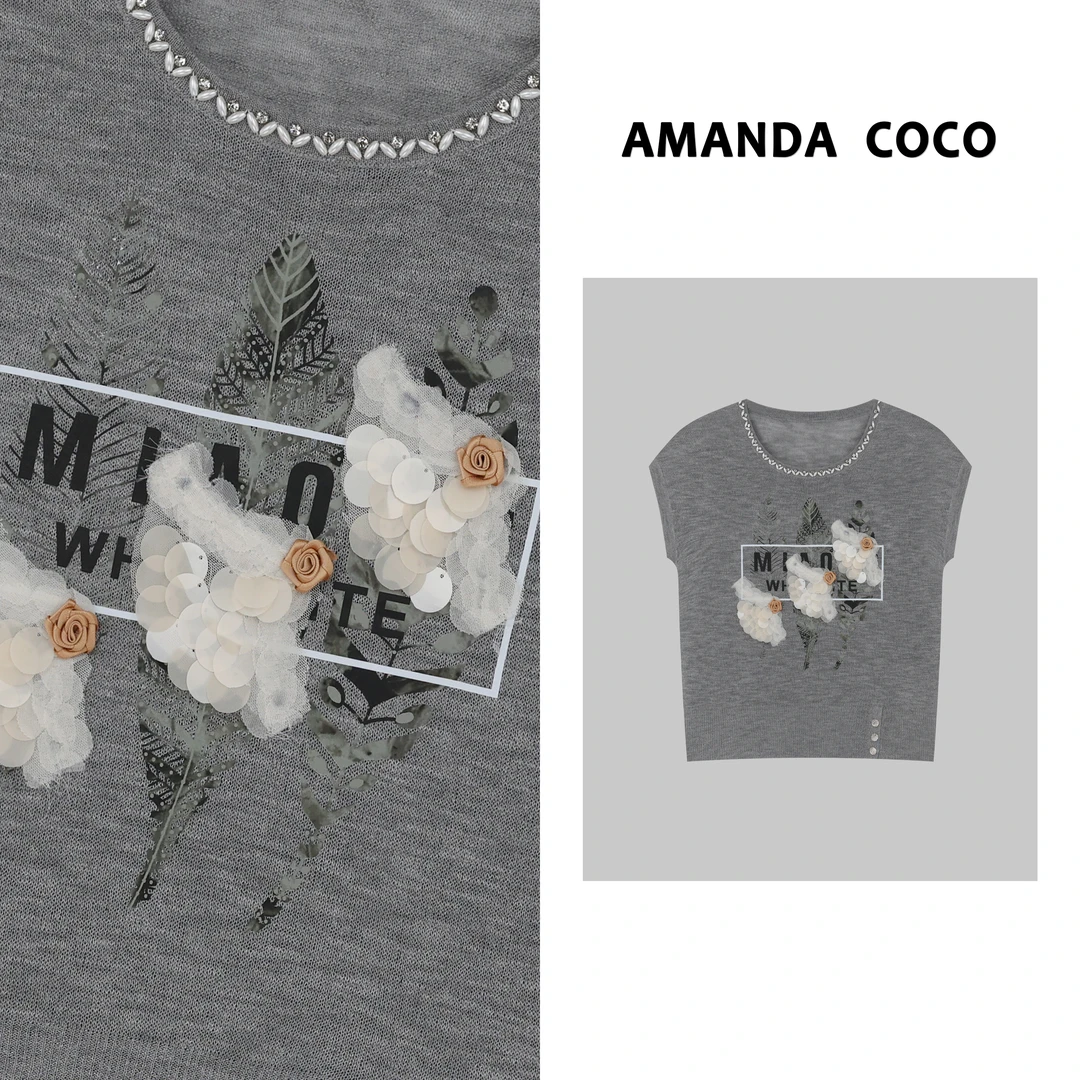 风吹半夏～夏季薄款串珠珠片字母印花法式飞袖针织衫