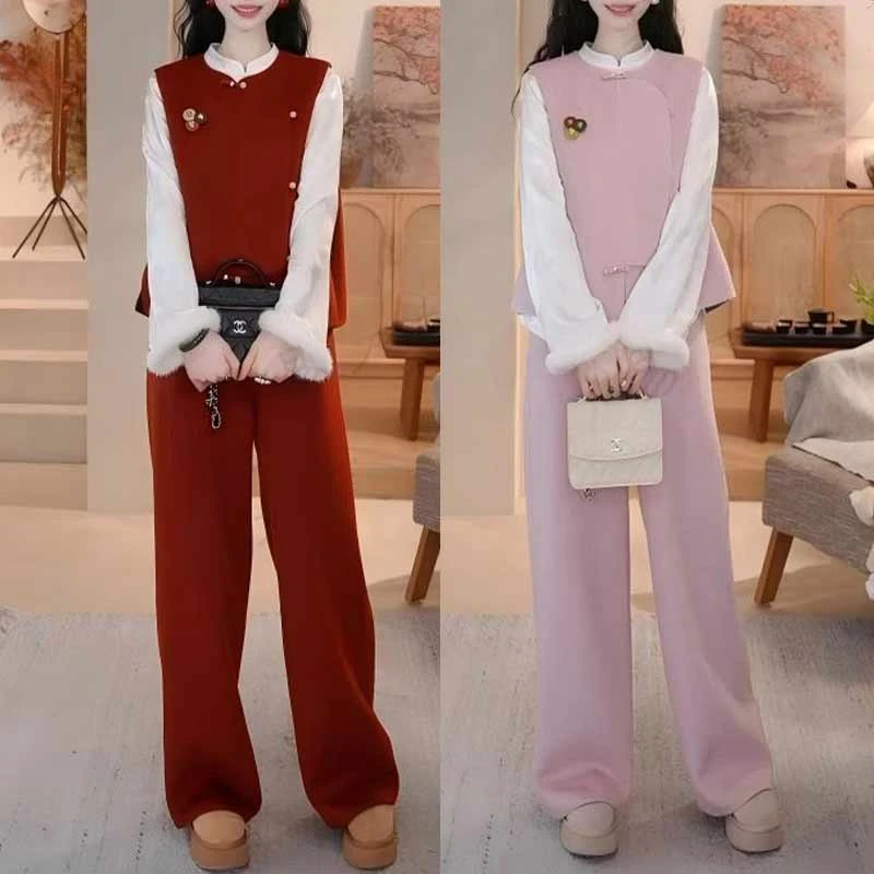 【鸿福吉祥】新中式国风系列套装中式马甲直筒裤国风衬衣女款三件套