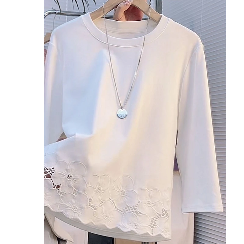 2025春夏新款蕾丝花边拼接长袖打底T恤上衣女宽松百搭时尚上衣潮