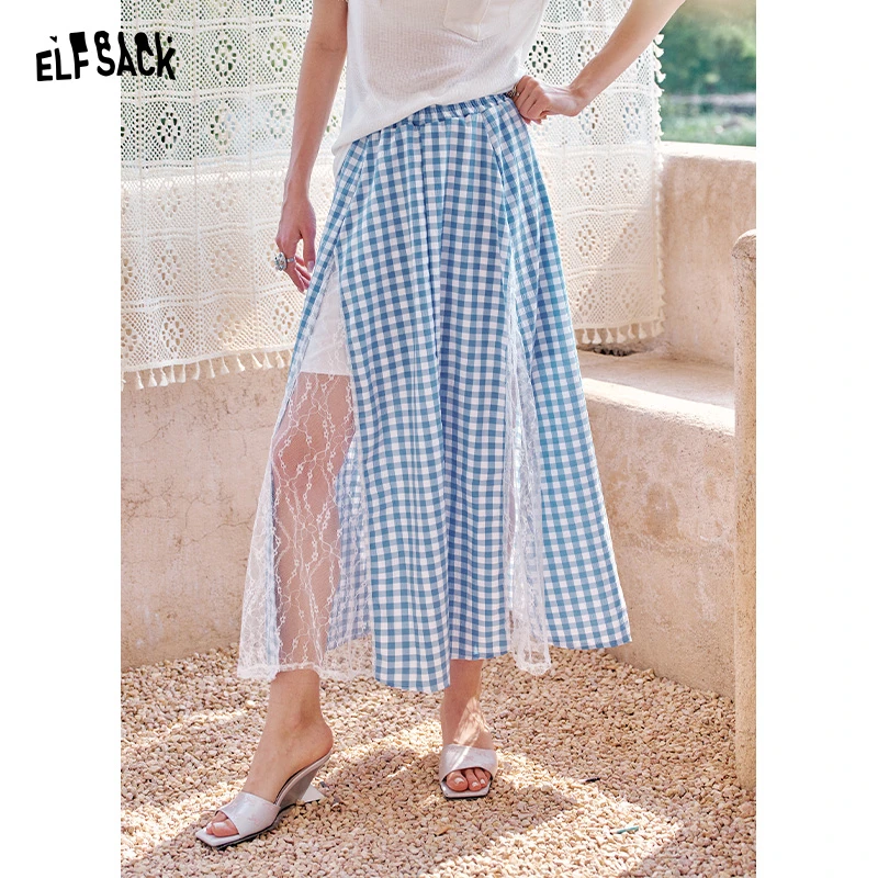 妖精的口袋蕾丝拼接格纹半身裙女2025年夏季新款甜美高腰显瘦长裙