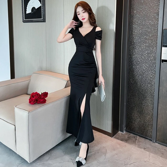 夜总店女装性感连衣低胸露肩夜场时尚气质显瘦长款v领连衣裙