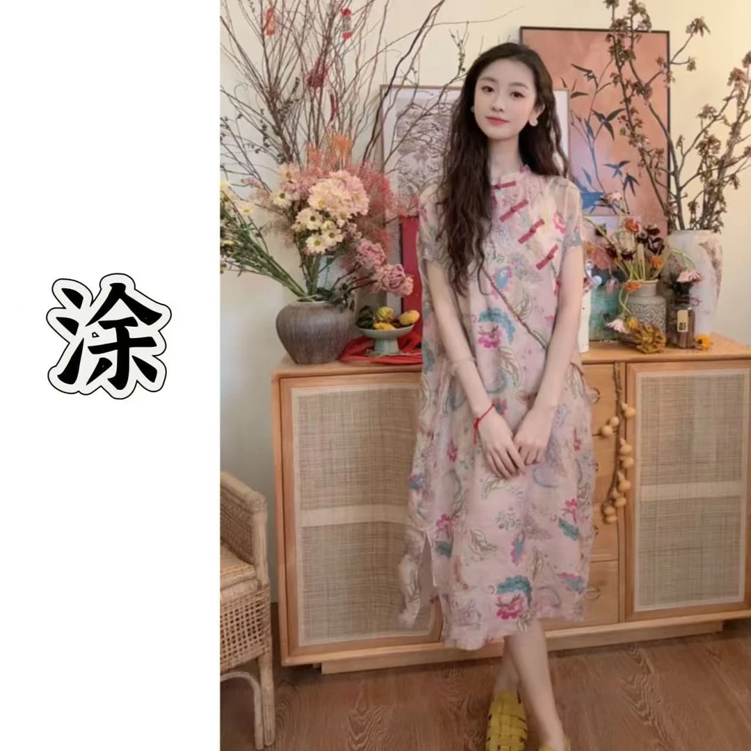 涂涂国风原创设计新中式夏季苎麻艺术画小衫连衣裙