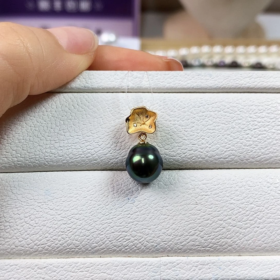 海水珍珠银S925镶嵌吊坠(不含链)9-10m大溪地黑珍珠吊坠（孔雀绿）