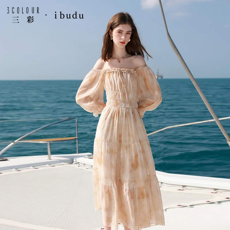 三彩ibudu2025夏季度假风两穿方领连衣裙印花雪纺大摆裙女0784