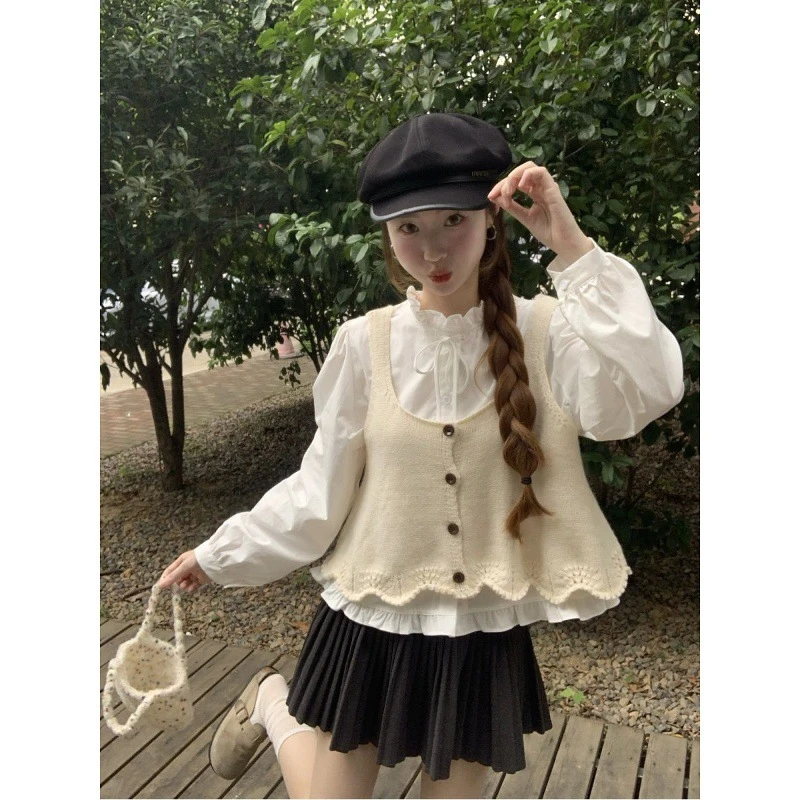 韩版甜美泡泡袖圆领长袖衬衫女2025早秋新款百搭减龄针织吊带背心