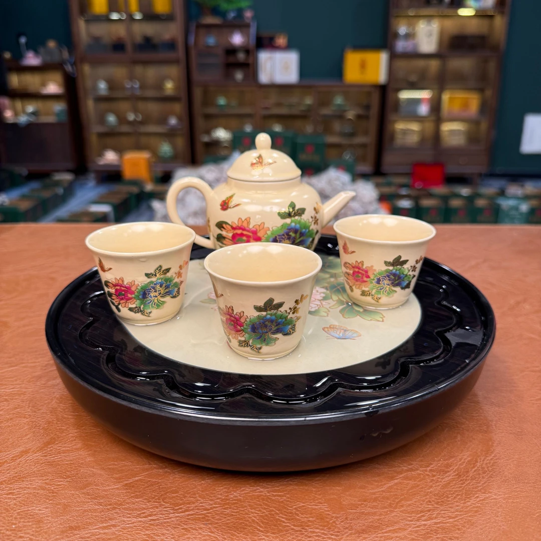 ZH2869-黄汝牡丹变色一壶三杯+牡丹变色木茶盘（两只蝴蝶）