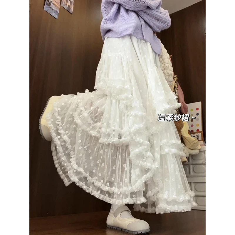 白色半身裙女春秋季2025新款高腰温柔风中长款a字伞裙蓬蓬蛋糕裙