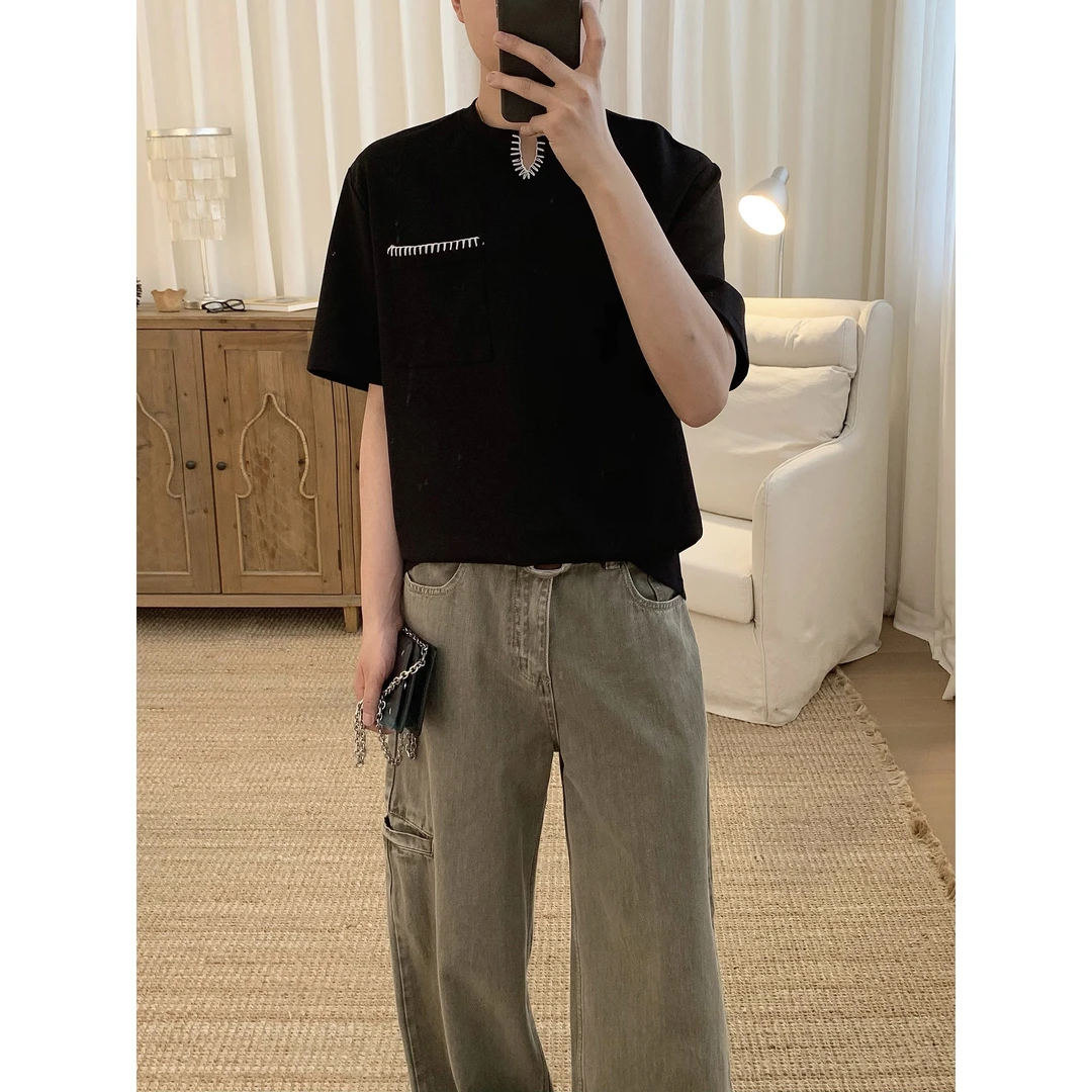 阿茶与阿古手工针缝边黑色短袖t恤男款夏季潮流休闲上衣A2504406