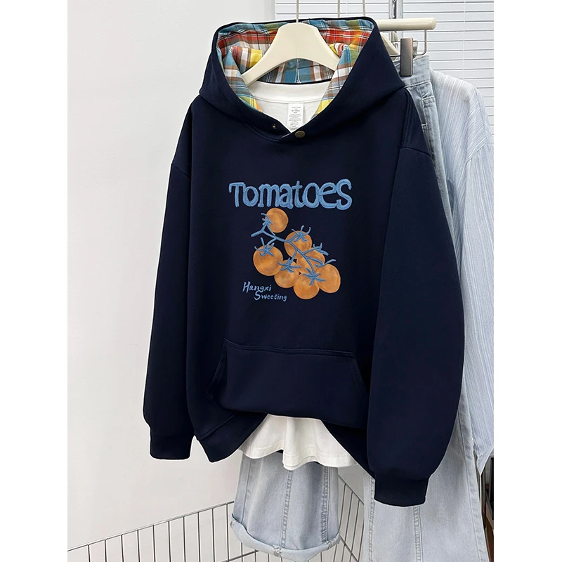 美式复古拼接格子纽扣连帽卫衣女秋冬新款加厚宽松大码设计感外套