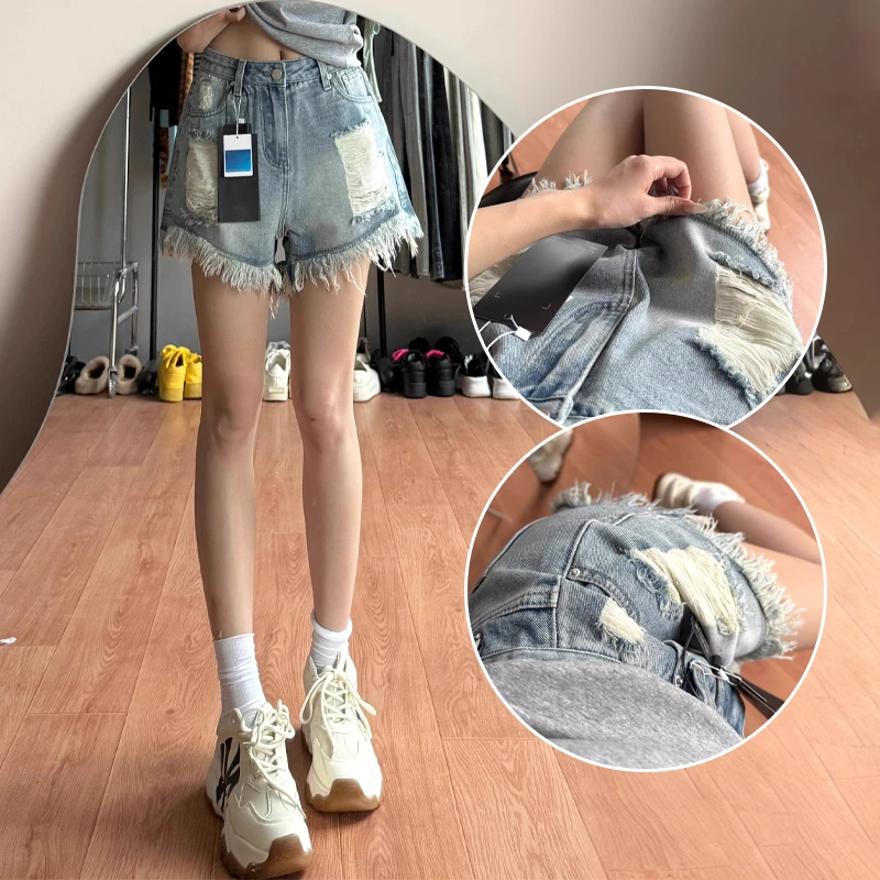 特大码女装破洞毛边设计阔腿牛仔裤女胖mm高腰显瘦直筒拖地短裤潮