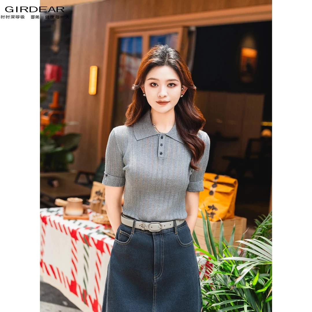 GIRDEAR/哥弟夏季冰丝显瘦气质POLO领短袖薄款短袖针织上衣138024