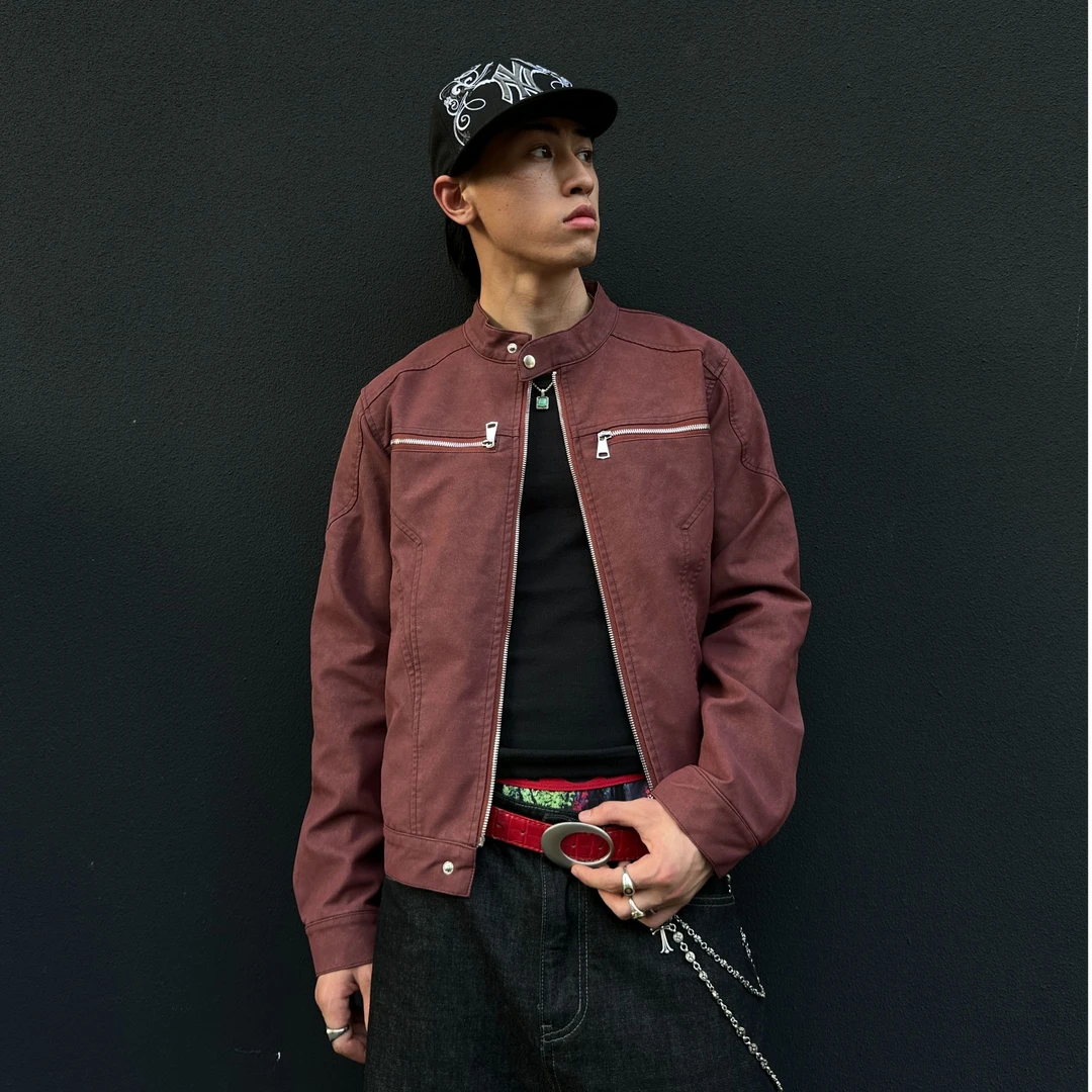 SKATEPARK "9957"pu皮质短宽收腰线正肩拉链机车夹克外套