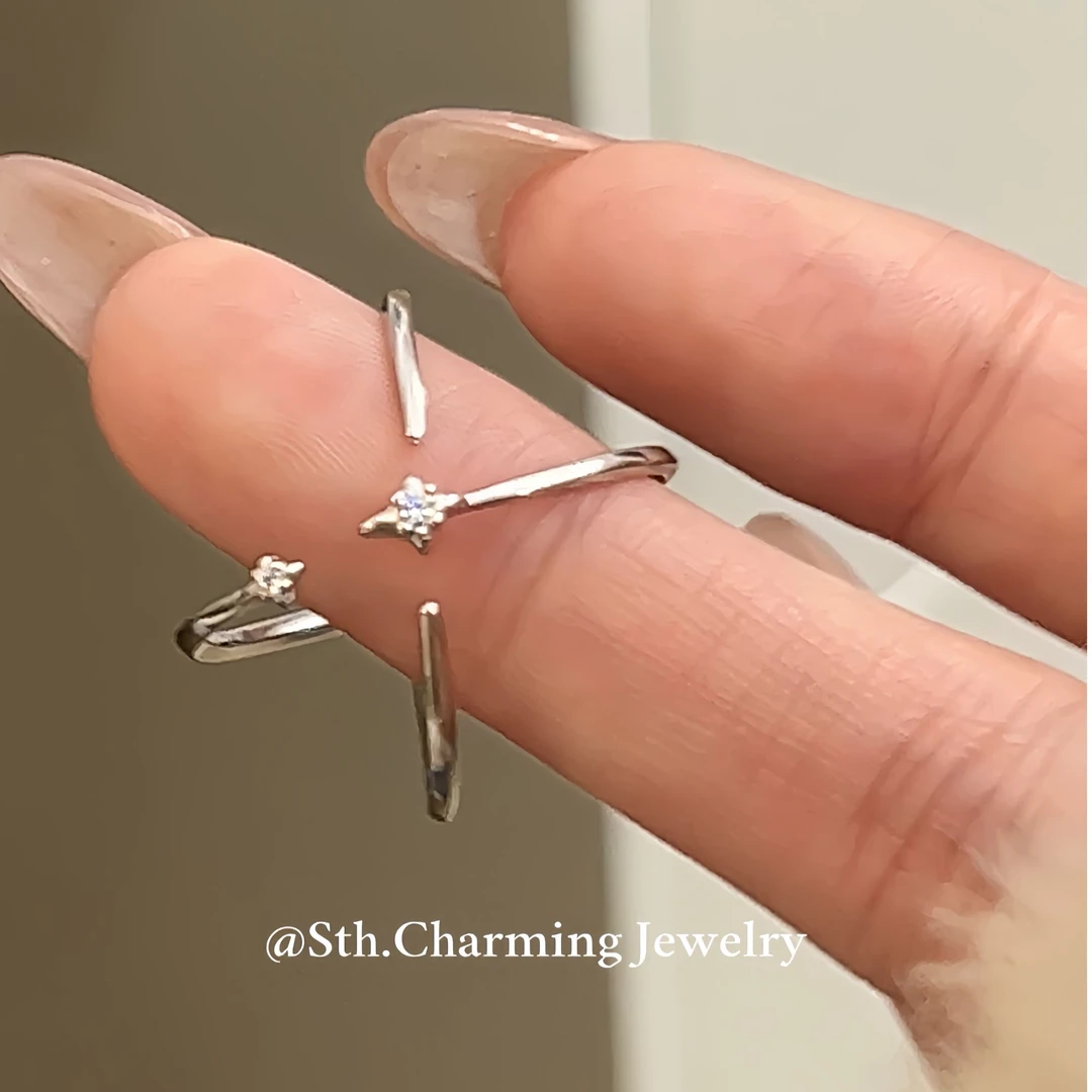 925银锆石戒指 银锆石戒指星轨戒指·小众四芒星锆石纯银镶嵌正反