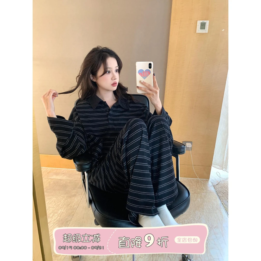 慵懒风条纹睡衣女2025新款Polo领长袖家居服套装