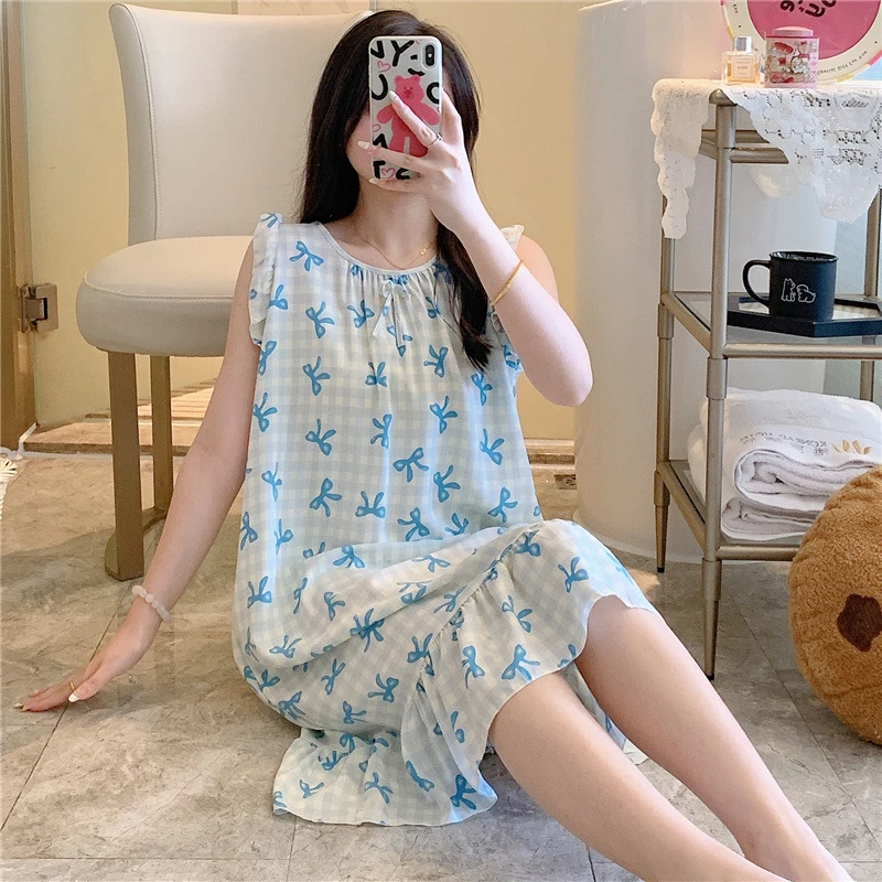 韩版公主风连衣裙可爱宽松人造棉家居服棉绸睡裙女士夏季薄款睡衣