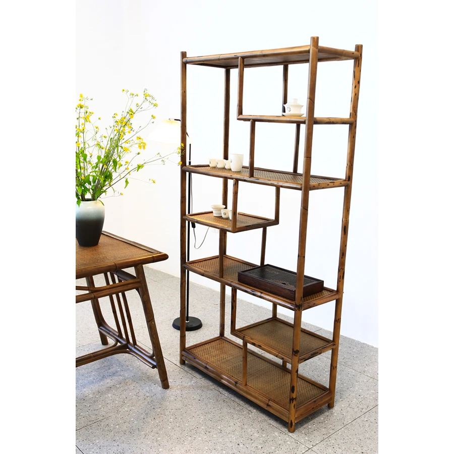 天然藤艺博古架茶室收纳置物架中式复古多层隔断摆件展示柜多宝阁