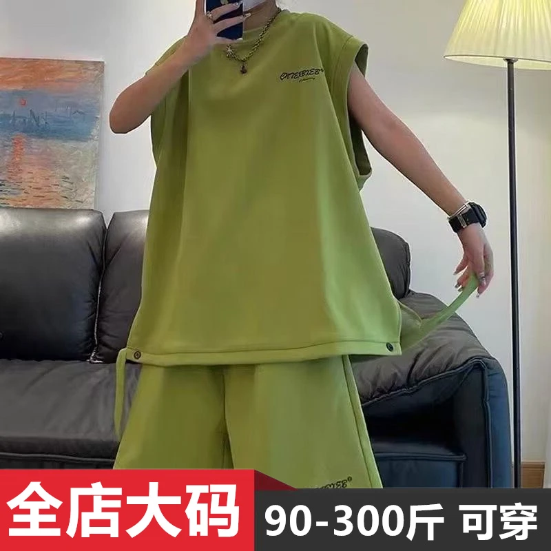夏季时尚无袖运动套装男宽松潮流ins韩版大码美式休闲坎肩背心T恤