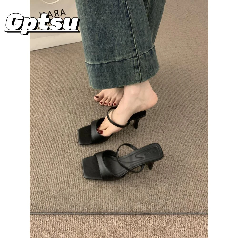 GPTSu极简风百搭露趾方头高跟拖鞋女士外穿新款气质名媛凉拖凉鞋