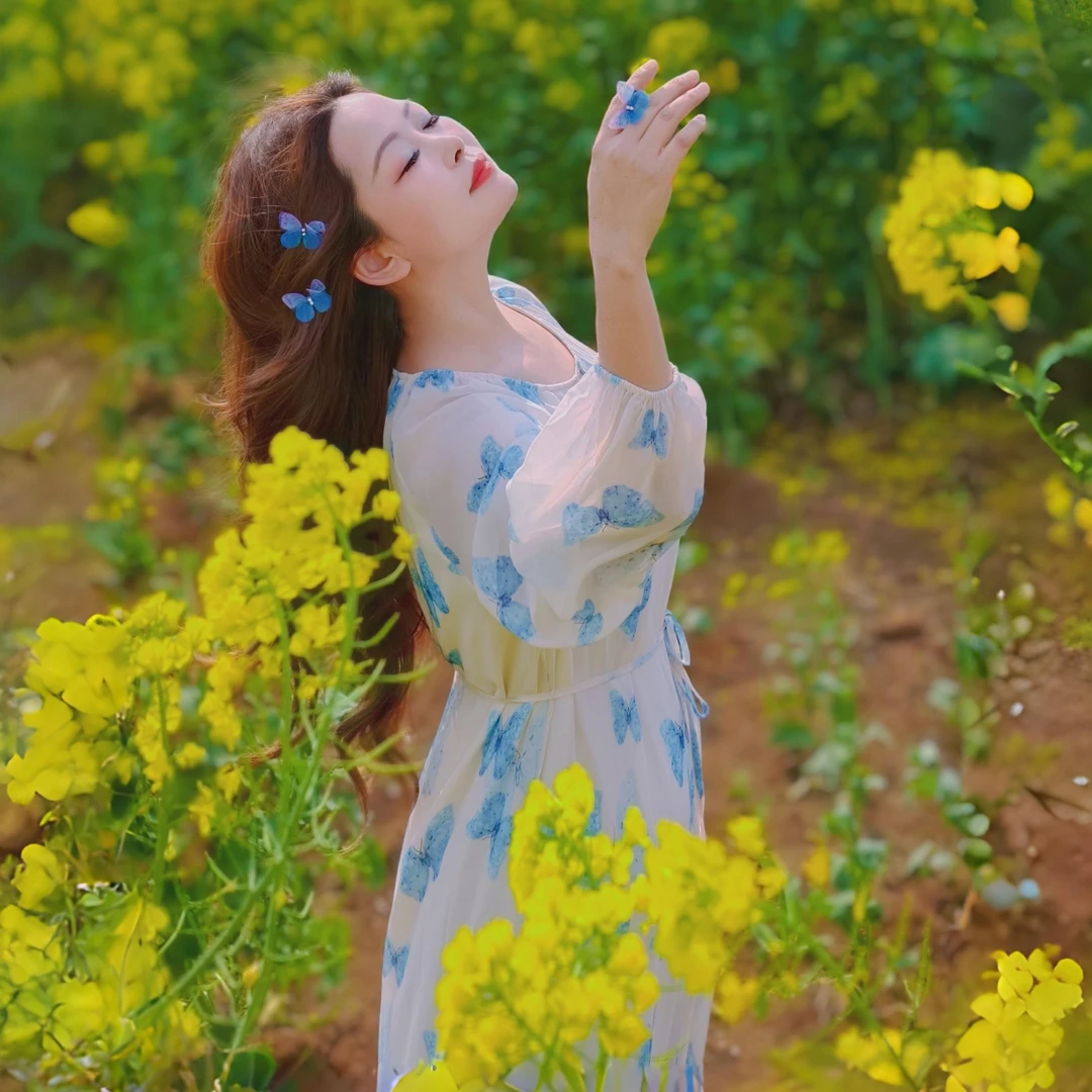 【董艺专属】德·玛纳蝴蝶优雅风轻薄雪纺印花褶裥腰带中长连衣裙