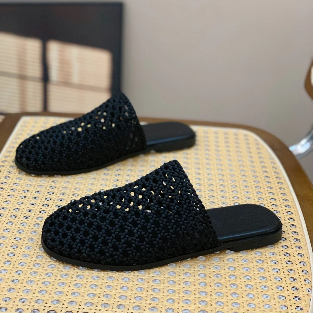 小众编织设计半拖鞋女2025黑色百搭平底一脚蹬时尚休闲包头拖