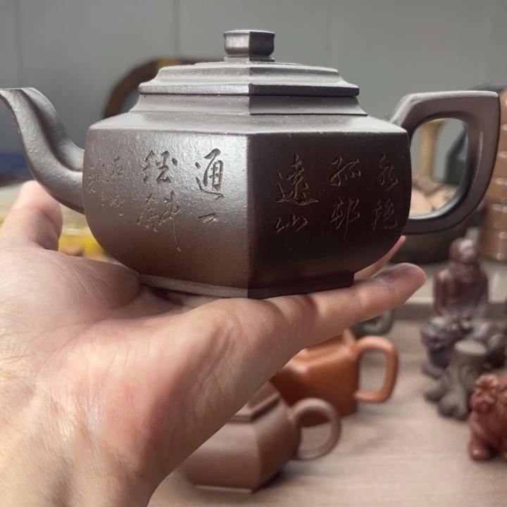 茶壶紫砂六方雪华，紫泥