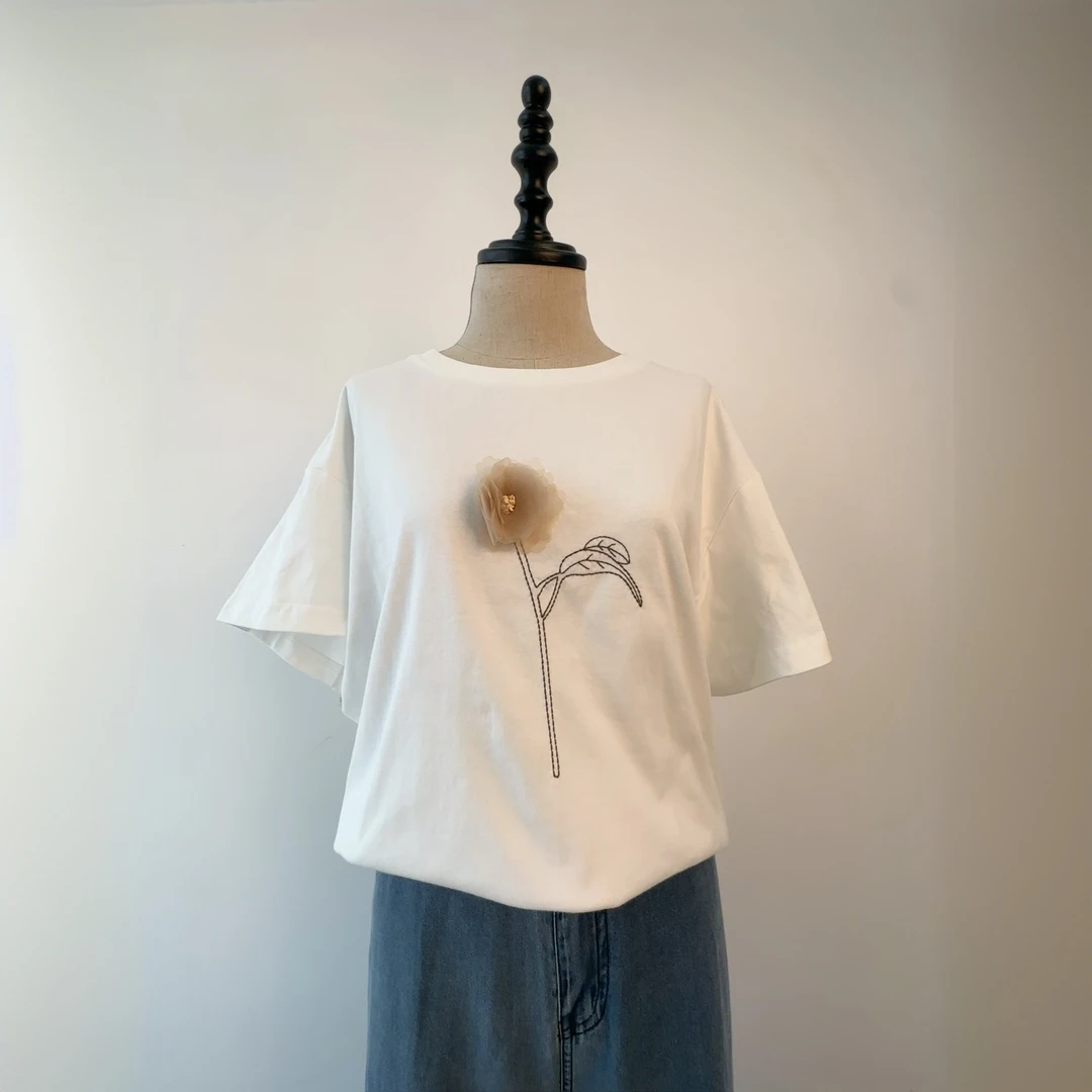 小众圆领时尚百搭风短袖韩版休闲风印花半袖夏季T恤宽松刺绣