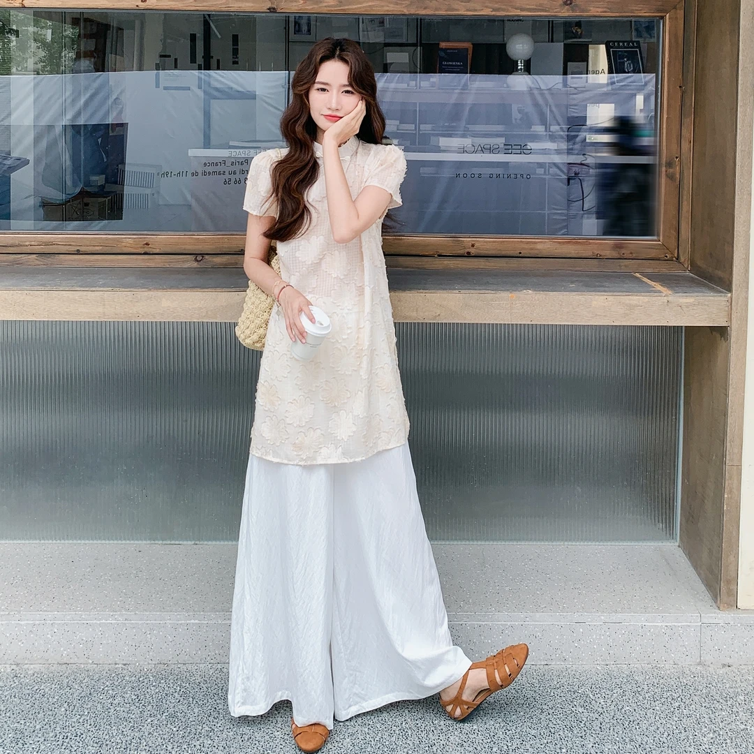 新白色国风禅意中式阔腿裤套装女2025夏装ootd穿搭减龄两件套气质