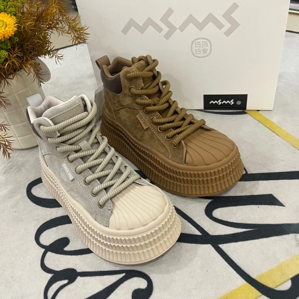 玛莎玛索系带圆头休闲风修面皮拼色高帮鞋休闲运动秋季百搭