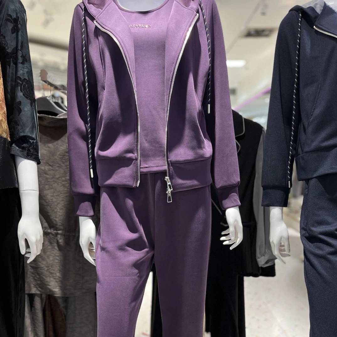 祥盛(65)款紫色休闲运动直筒套装裤连帽外套春秋穿搭套装妈妈装