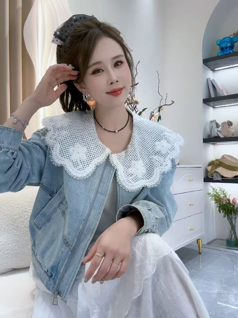 恰逢景梅子自留款春季欧货时尚设计感蕾丝拼接娃娃领女士牛仔外套