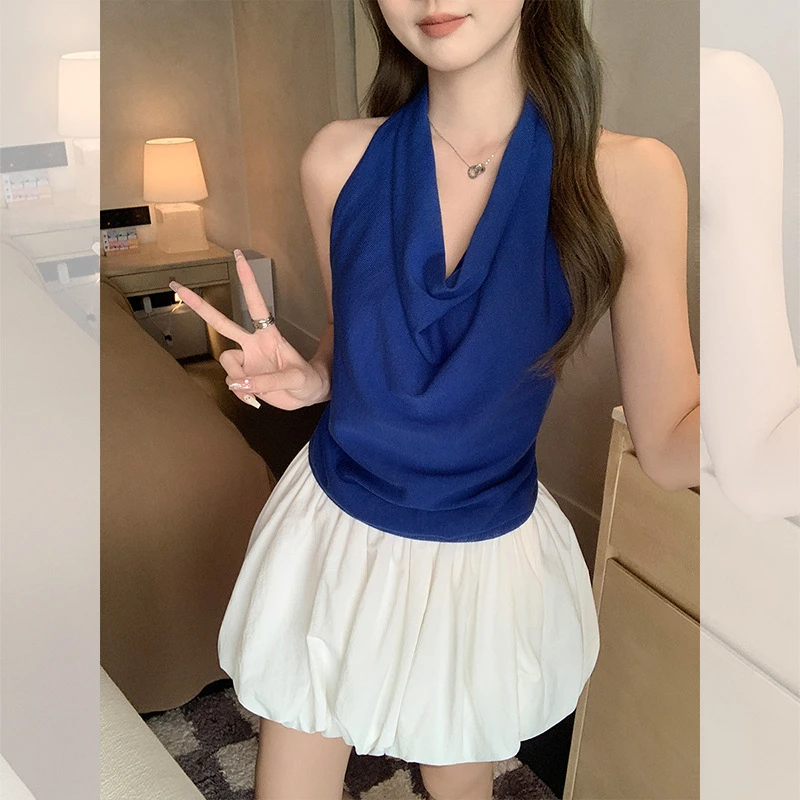 纯欲蓝色荡针织领挂脖吊带背心女2025夏季新款修身设计感无袖上衣