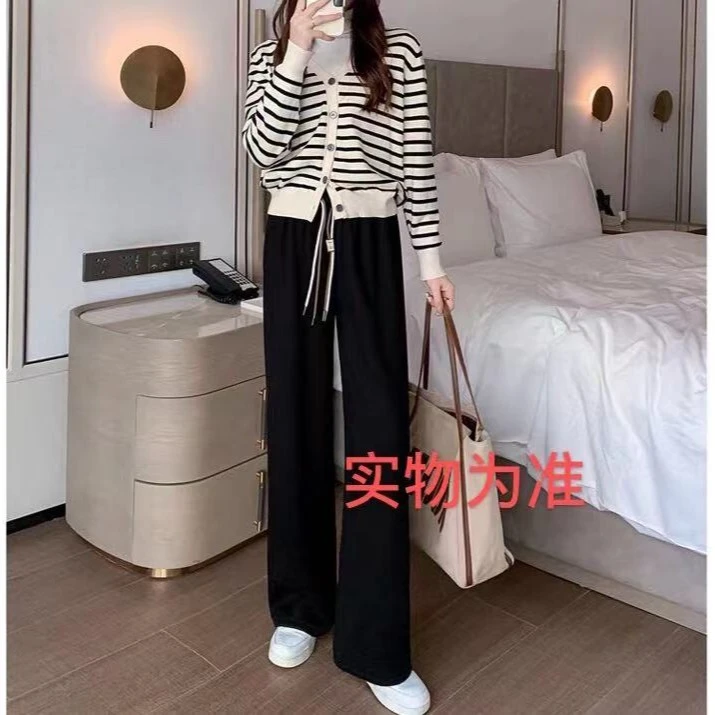 春秋显瘦时尚休闲宽松条纹时尚宽松百搭减龄高腰直筒裤气质23021#