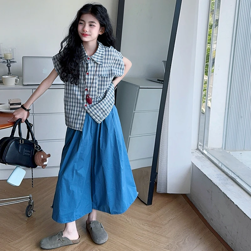 女童夏季套装2025新款洋气儿童薄款衣服女大童夏装格子短袖两件套