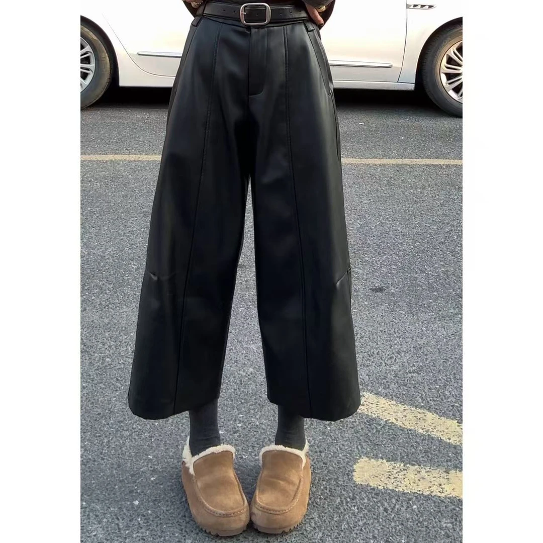 【意意】2025冬季年货定制极简阔腿百搭加绒九分皮裤 Y-0322