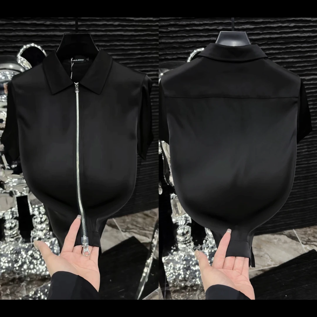 春夏男士翻领双拉链休闲醋酸冰丝polo衫9002